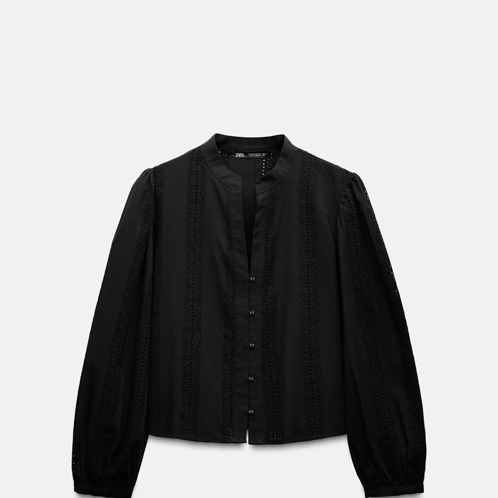 Zara Black Puff Sleeve Blouse with Mandarin Collar